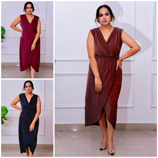 Metallic Finish Wrap Midi Dress - BLACK